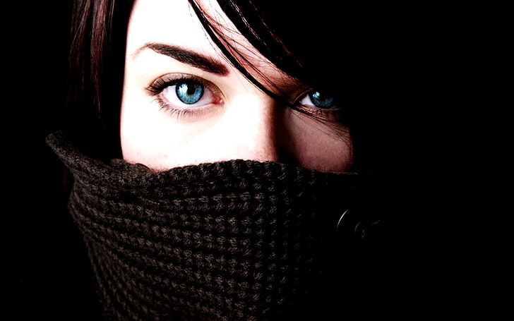 women's black crochet balaclava, Eye, Blue, Woman, portrait, looking at camera