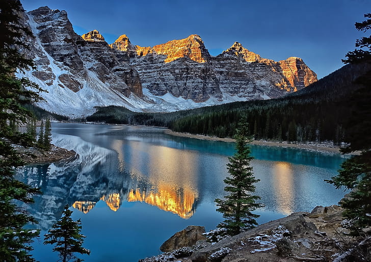 mountains, reflection, Canada, Banff National Park, Moraine Lake, HD wallpaper