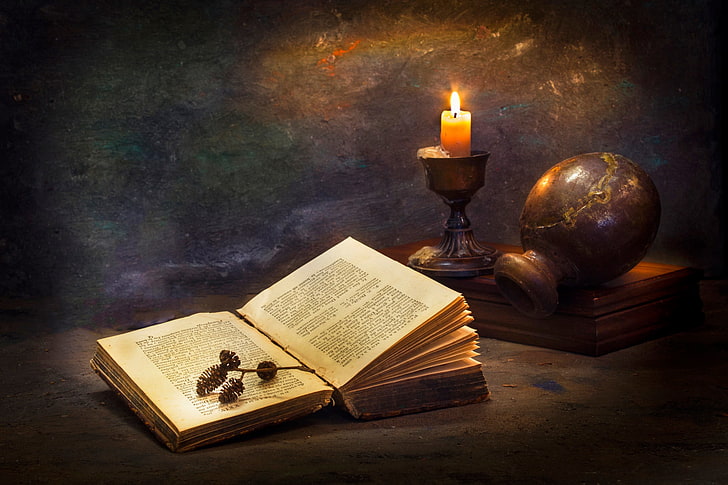 open book beside lamp, candle, pitcher, publication, flame, fire