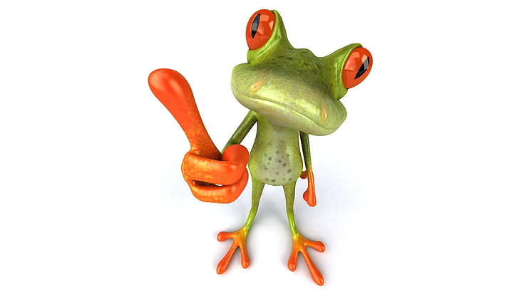 green and orange frog, digital art, animals, 3D, fingers, white background, HD wallpaper