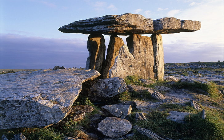 brown and black wooden table, landscape, stones, dolmen, Ireland