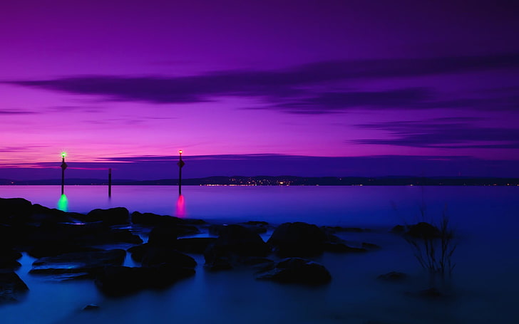 silhouette of calm body of water, night, sea, sky, purple, beauty in nature, HD wallpaper