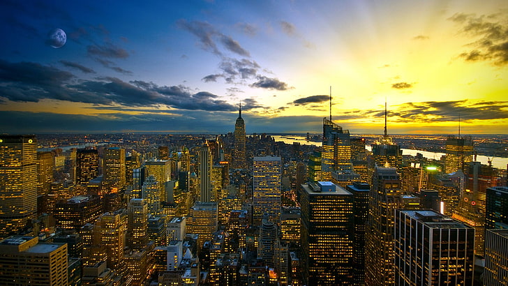 city, urban, New York City, sunset, cityscape, lights, building exterior, HD wallpaper