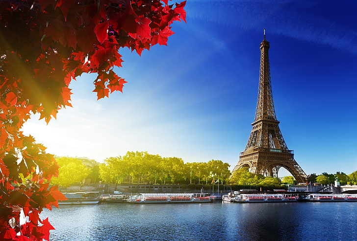 Eiffel Tower, Paris, sunlight, water, trees, river, boat, architecture