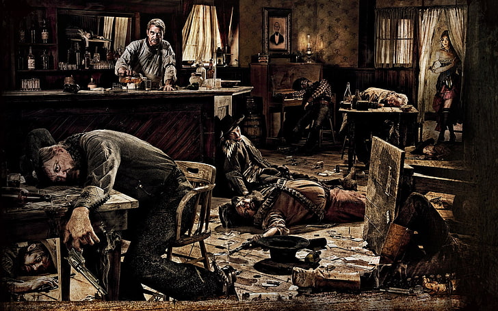 painting of man sleeping on table, The saloon, Wild West, Slaughter