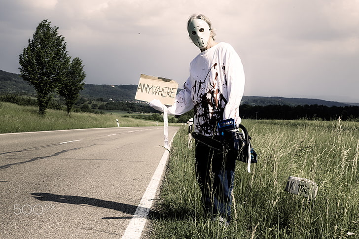 white Jason Voorhees mask, Razvan Chisu, humor, sign, blood, 500px