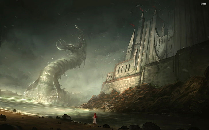 game castle wallpaper, sea monsters, architecture, built structure