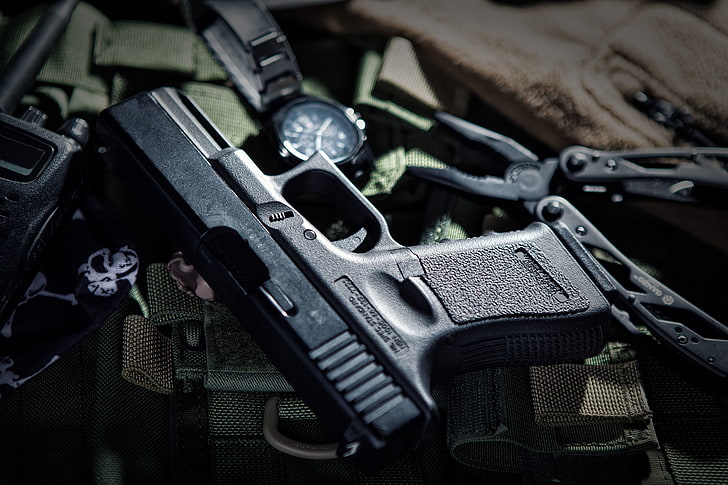 black semi-automatic pistol, gun, watch, blur, camouflage, Glock, HD wallpaper