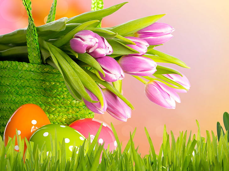 Purple tulips, Easter, spring, basket, eggs, grass