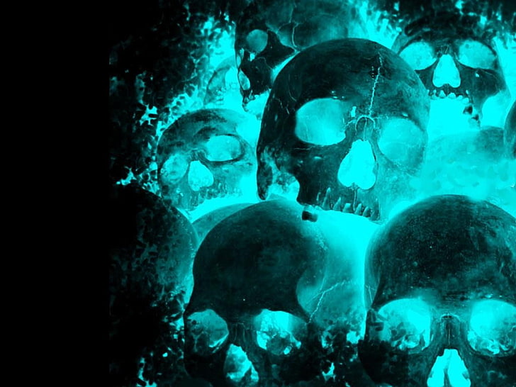 teal skull wallpaper, fire, neon, cyan, black background, dark, HD wallpaper