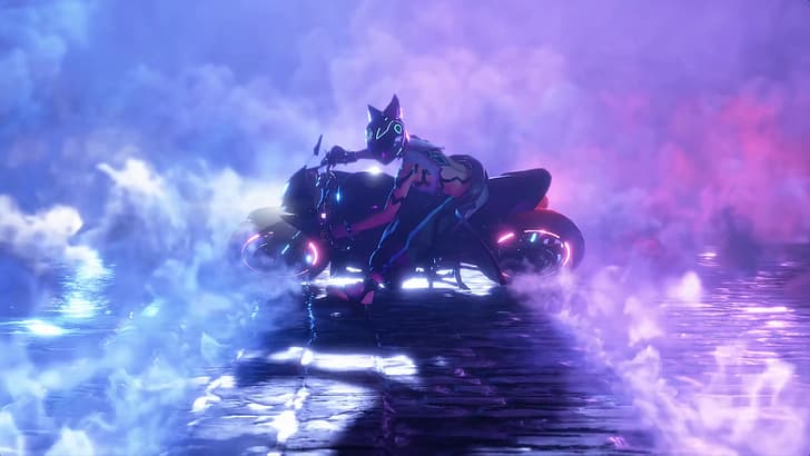Han Juri, Street Fighter, motorcycle, helmet with horn, purple background, HD wallpaper