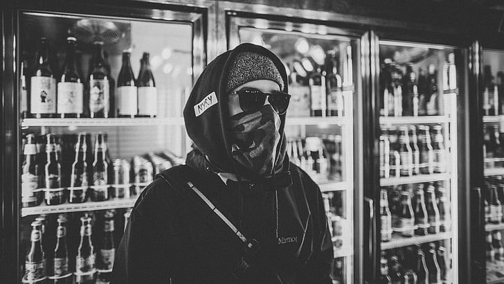 men's pullover hoodie, gangster, beer, sunglasses, mask, monochrome