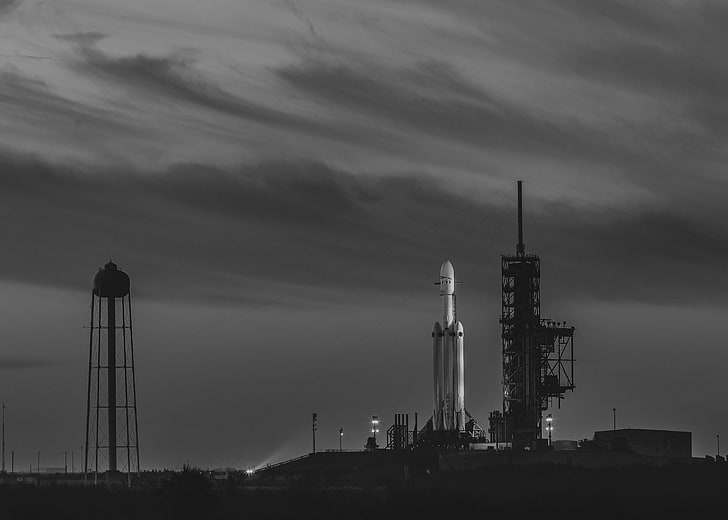 space shuttle, monochrome, launching, SpaceX, Falcon Heavy, sky, HD wallpaper