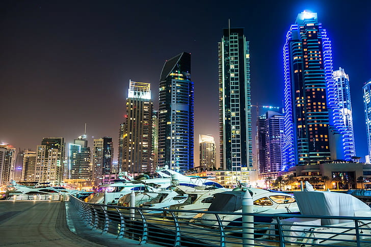 United Arab Emirates Skyscrapers, Dubai, city, photo, night, HD wallpaper