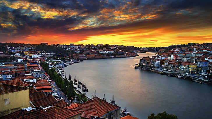 brown and white concrete houses, Portugal, Porto, river, sunset