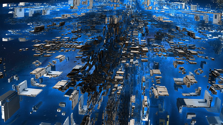 computer data illustration, 3D, abstract, blue, city, building exterior