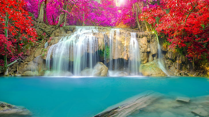 Erawan National Park, Thailand, Waterfall, Erawan Falls, 4K, HD wallpaper