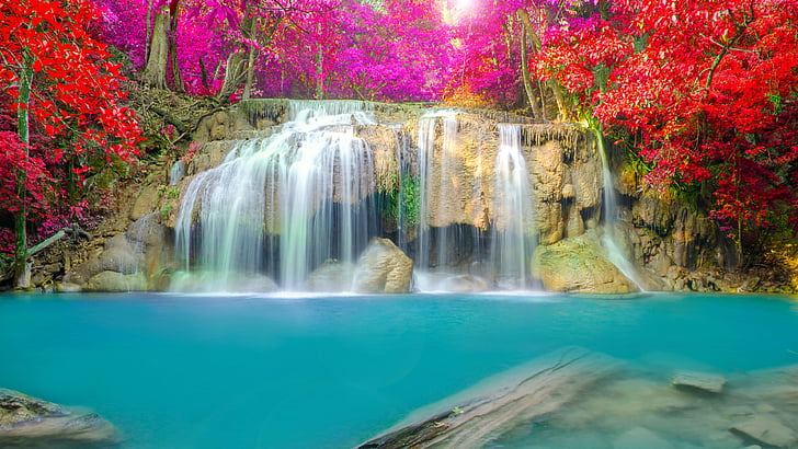 Waterfall, Thailand, Erawan Falls, Erawan National Park, 4K, HD wallpaper