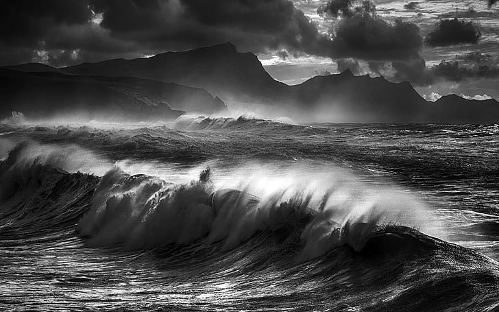 Nature, Landscape, Wind, Sea, Monochrome, Mountain, Waves, Clouds, Beach, Coast, grayscale photography of ocean waves