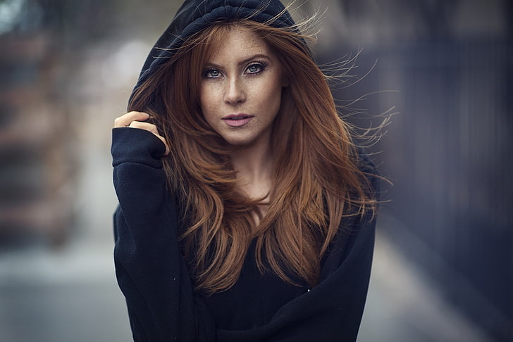 black pullover hoodie, women, model, redhead, freckles, Dani Diamond