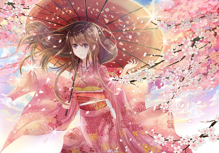 cherry trees, umbrella, kimono, original characters, pink, cherry blossom, HD wallpaper