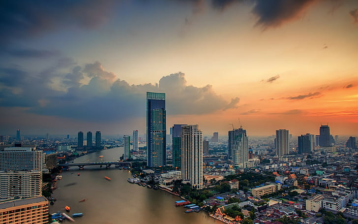 Bangkok, Thailand, city, town, roads, Buildings, sky, clouds, HD wallpaper