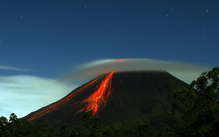 volcano, landscape, eruptions, lenticular clouds, nature, lava