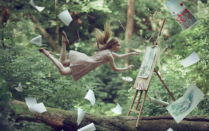 Artist girl, flying, drawing, paper, creative pictures