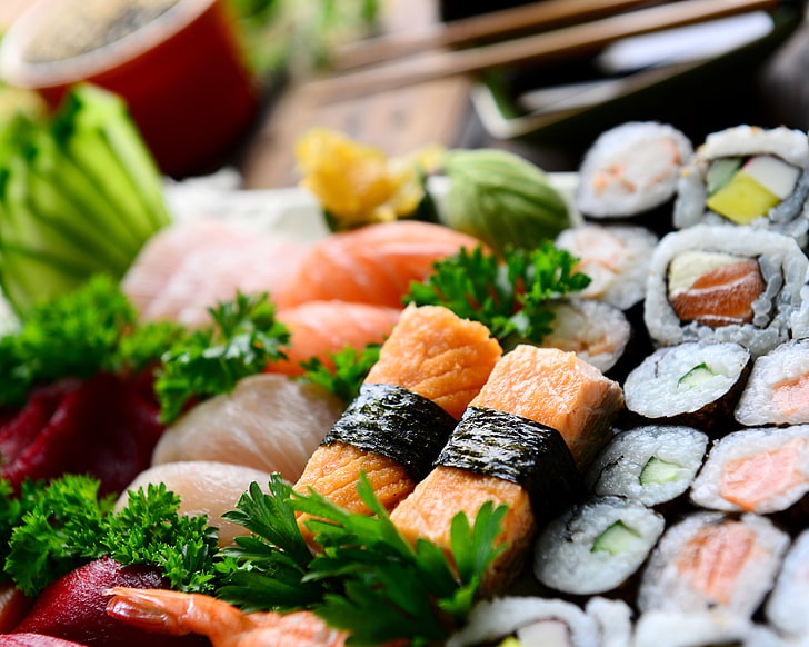 sushi and nigiri, fish, rolls, Japanese cuisine, parsley, food and drink, HD wallpaper