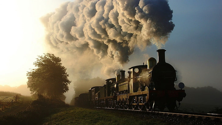 black metal train, railway, steam locomotive, smoke, trees, smoke - physical structure, HD wallpaper