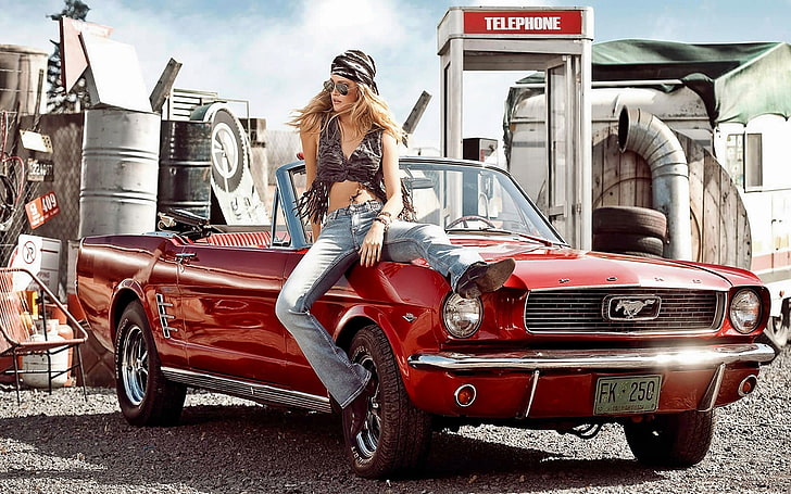 red Ford Mustang convertible, car, women, old car, women with cars, HD wallpaper
