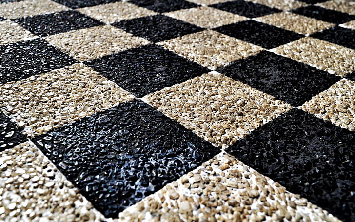Black and white floor design, black and white checked rug, photography, HD wallpaper
