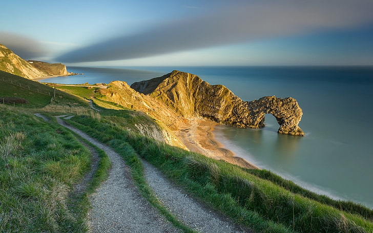 nature, landscape, beach, England, coast, Durdle Door, sunset