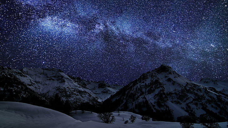 stars, starry, starry night, mountains, snow, night sky, nature, HD wallpaper