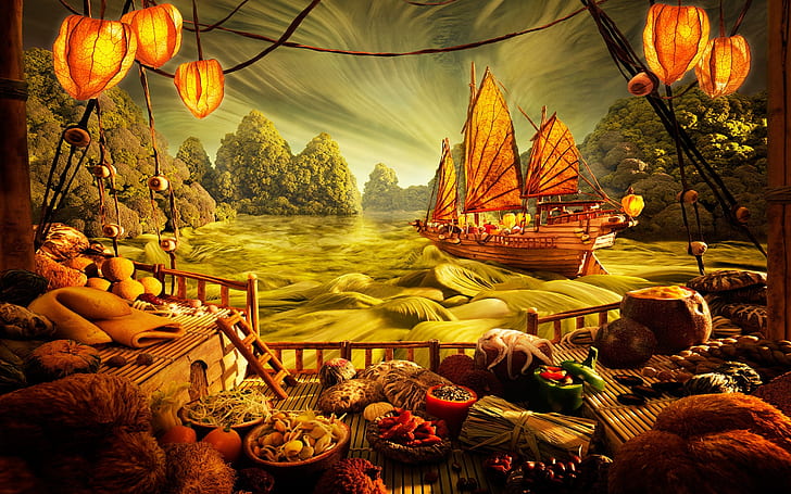 Superb Painting, boat, fruits, vegetables, waves HD wallpaper