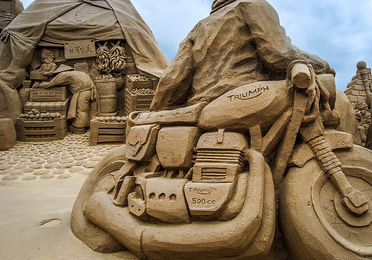 sculpture, sand, beach, motorcycle, Triumph, art and craft, HD wallpaper