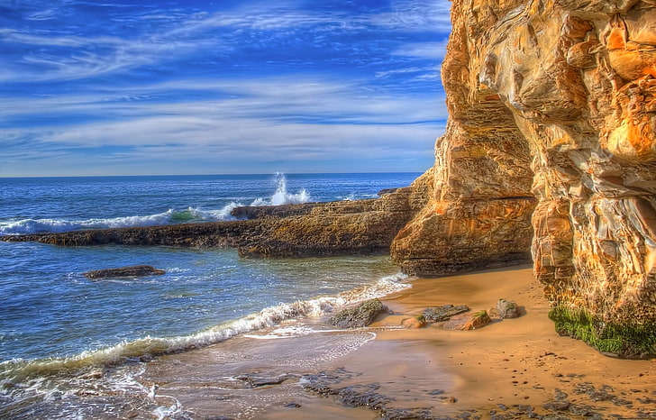 nature, landscape, beach, sea, coast, rock, cliff, waves, cave, HD wallpaper
