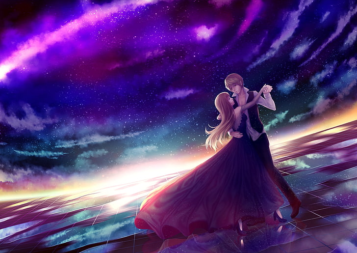 Hd Wallpaper Anime Couple Dancing Stars Sky Romance Dress