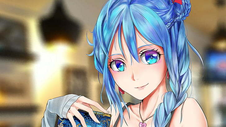 Chain Chronicle, Phoena (Chain Chronicle), Blue Hair, Blue Eyes, Bangs, Closeup, Braids, Smiling, Solo, Looking At Viewer, Bare Shoulders, girl in pink lipstick anime graphics