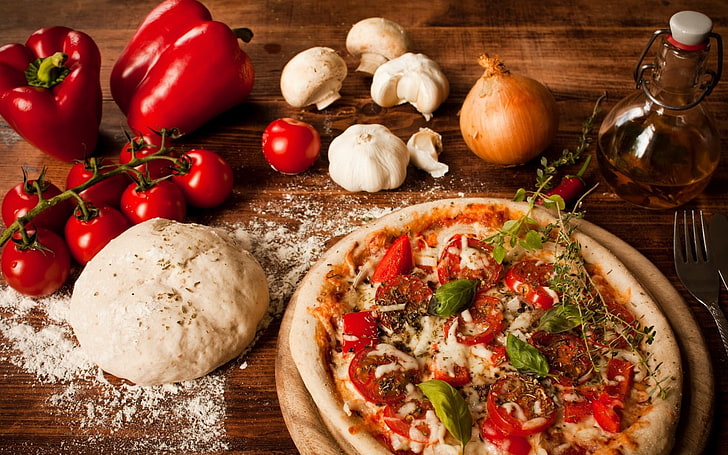 pizza and bread, dough, flour, meal, tomato, pepper, bell, onion