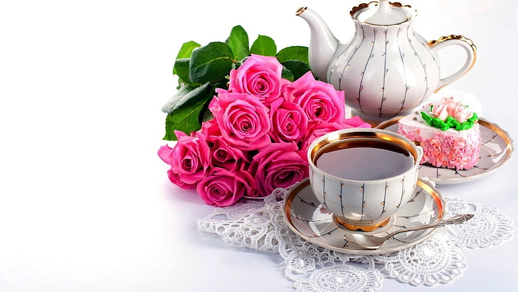 pink flowers and white ceramic teapot, kettle, cup, dessert, drink