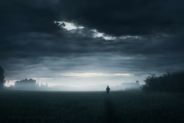 alone, nature, clouds, people, sky, horizon, running, rain, HD wallpaper
