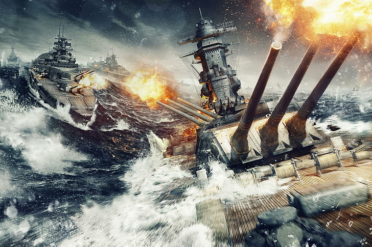 world of warships, wargaming net, explosion, sea, storm, gray battleship screen graphics, HD wallpaper