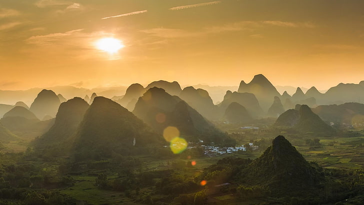 karst, yangshuo, guilin, asia, china, sunbeam, landscape, karst mountains, HD wallpaper