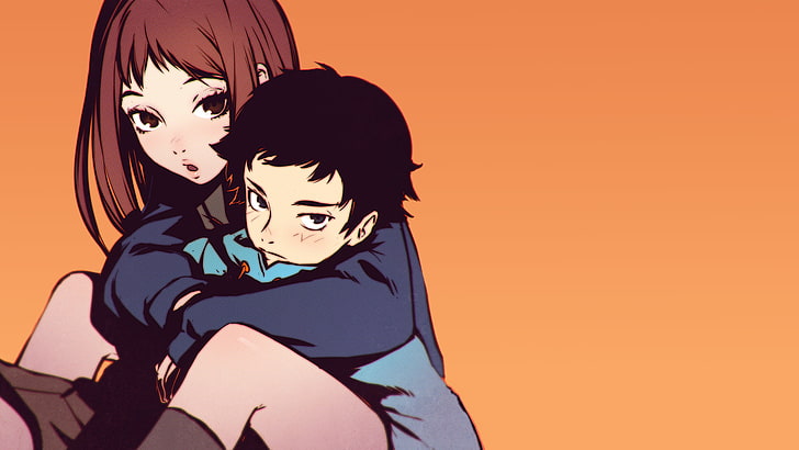 FLCL, two people, togetherness, women, orange color, colored background