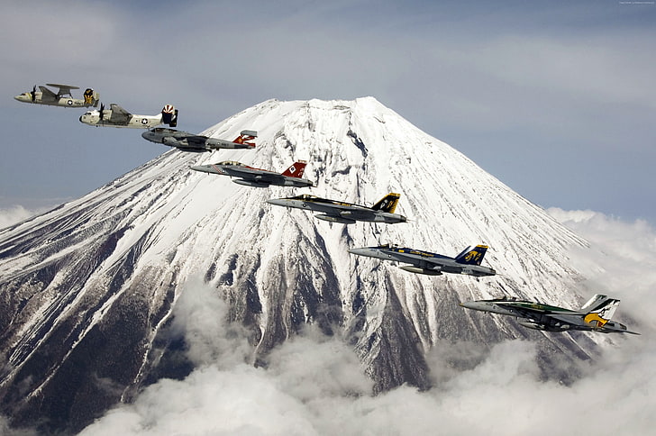 Fuji, carrier, mountain, jet, fighter, U.S. Navy, Japan, aircraft, HD wallpaper