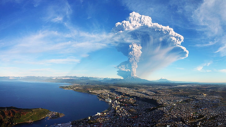 aerial view of erupting volcano, Chile, scenics - nature, water