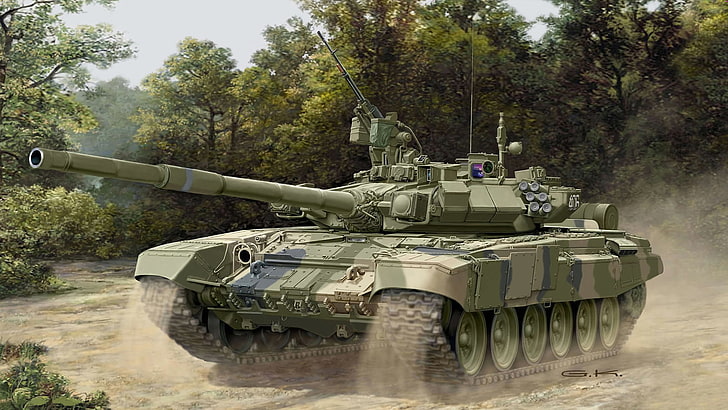 green and beige battle tank, gun, art, artist, Russia, polygon