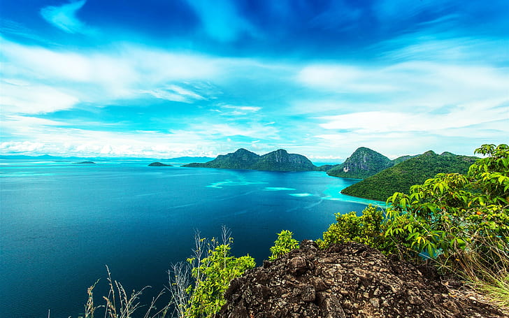Malaysia beautiful landscape, Bohey Dulang Island, sea, coast, mountains, HD wallpaper