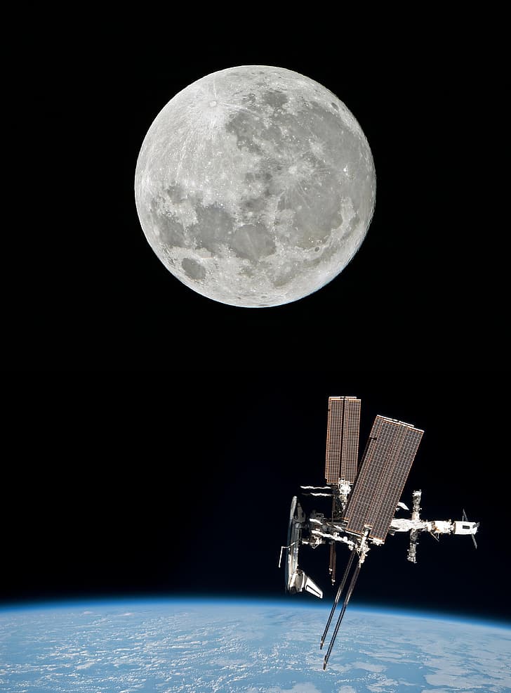 ISS, International Space Station, planet, NASA, Roscosmos, Moon, HD wallpaper